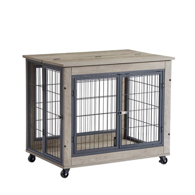 Furniture Style Dog Crate Side Table on Wheels with Double Doors and Lift Top. (Grey,31.50’’W*22.05’’D*25’’H)