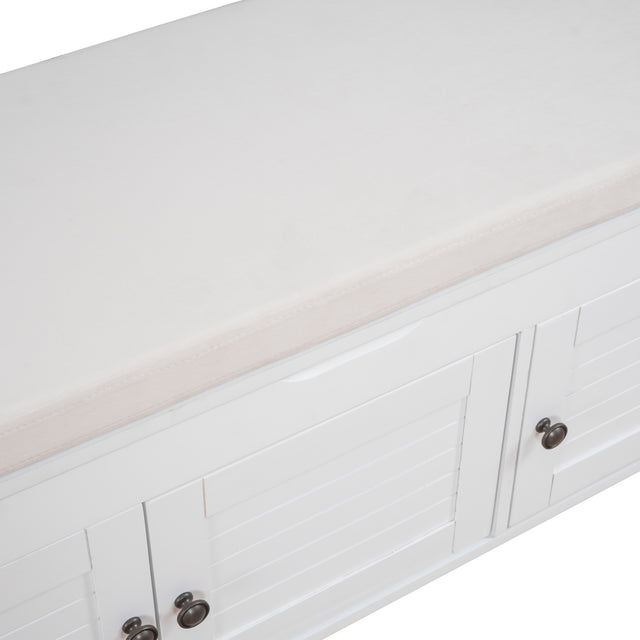 TREXM Storage Bench with 3 Shutter-shaped Doors, Shoe Bench with Removable Cushion and Hidden Storage Space (White)