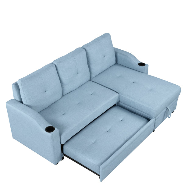 80.3" Orisfur. Pull Out Sofa Modern Padded Upholstered Sofa , Linen Fabric 3 Seater Couch with Storage Chaise and Cup Holder , Small Couch for Small Spaces