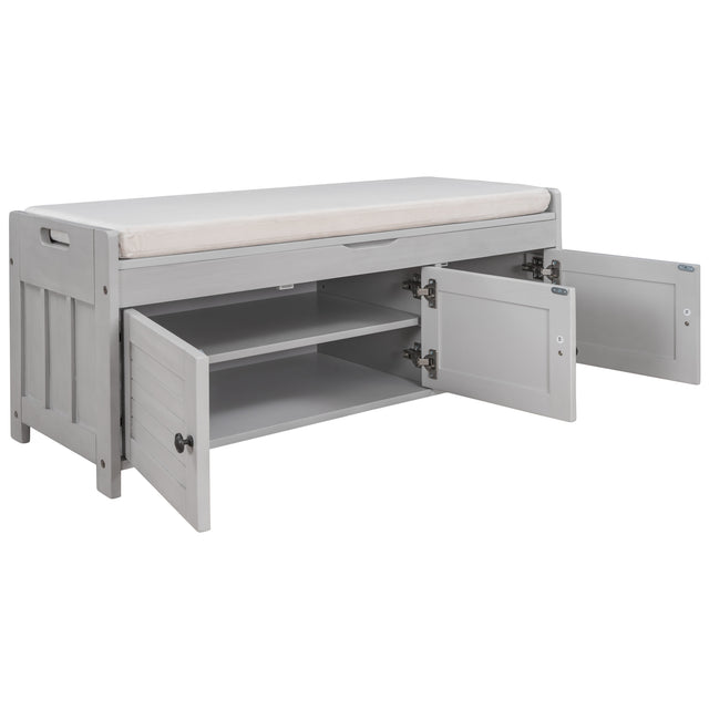TREXM Storage Bench with 3 Shutter-shaped Doors, Shoe Bench with Removable Cushion and Hidden Storage Space (Gray Wash)