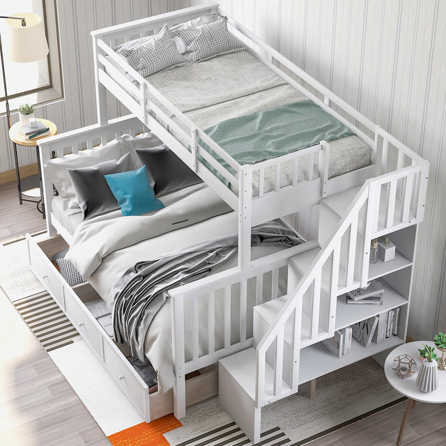 Stairway Twin-Over-Full Bunk Bed with Drawer, Storage and Guard Rail for Bedroom, Dorm, for Adults, White color(OLD SKU :LP000219AAK)