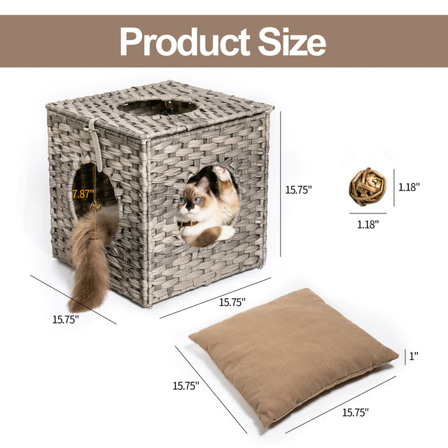 Rattan Cat Litter,Cat Bed with Rattan Ball and Cushion,Grey