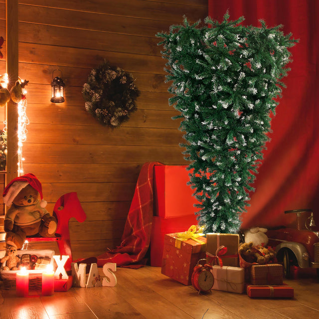 Upside Down Green Christmas Tree, Xmas Tree with LED Warm White Lights, Green leaves with part spraying White, Reinforced Metal Base & Easy Assembly 7.4ft X-mas