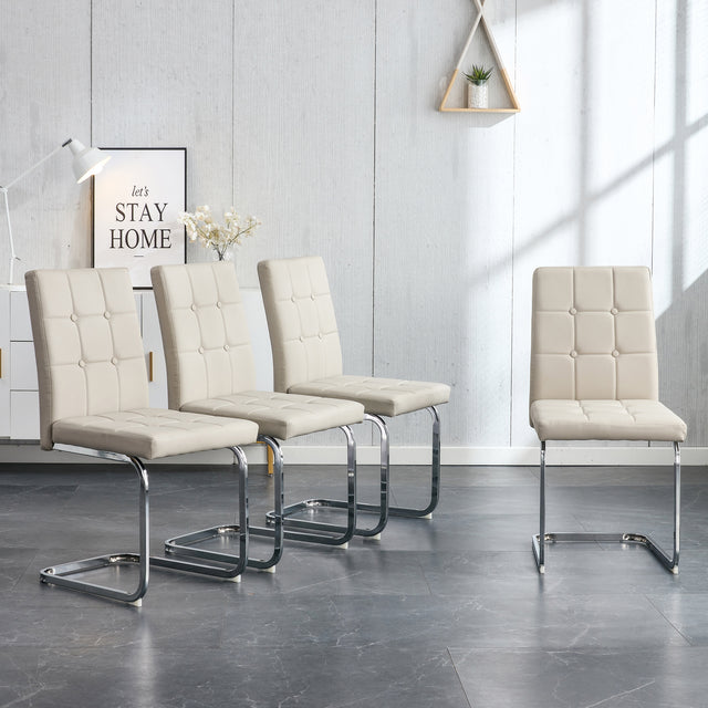 Glass Dining Table, Dining Chair set, 4 Light Brown Embedded Button Dining Chairs and 1 Dining Table .Table Size 51" W x 31"D x 30" H