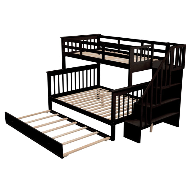 Stairway Twin-Over-Full Bunk Bed with Twin size Trundle, Storage and Guard Rail for Bedroom, Dorm, for Adults, Espresso (OLD SKU :LP000119AAP)