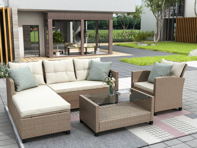 U_STYLE Outdoor, Patio Furniture Sets, 4 Piece Conversation Set Wicker Ratten Sectional Sofa with Seat Cushions(Beige Brown)
