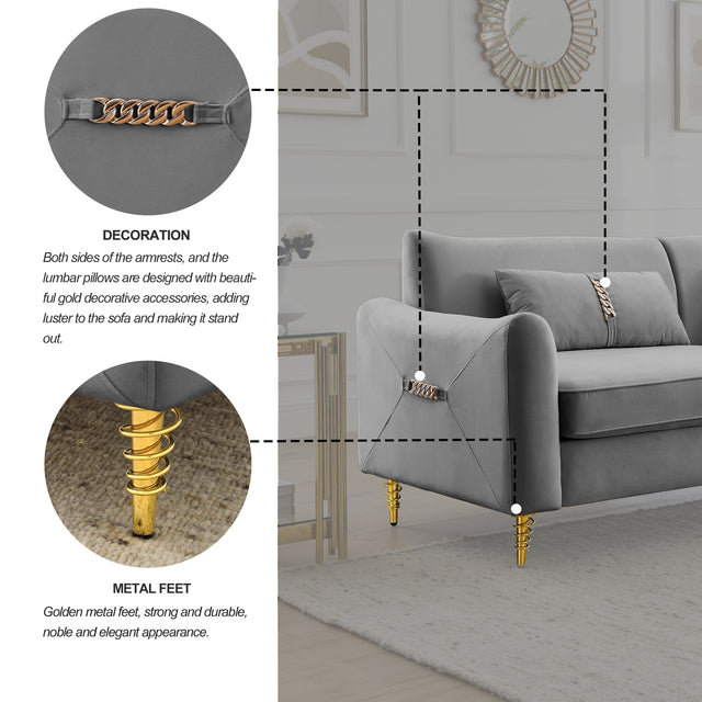 80.3" Modern Sofa Couch Upholstered Sofa Tufted Back Comfy Velvet Long Couch with 2 Pillows and Golden Legs for Living Room, Bedroom, Office, Apartment, Grey