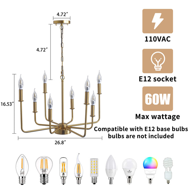 Modern American candle-shaped golden iron chandelier -8 bulbs -E12 lamp holder