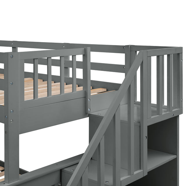 Stairway Twin-Over-Full Bunk Bed with Twin size Trundle, Storage and Guard Rail for Bedroom, Dorm, for Adults, Gray(OLD SKU :LP000119AAE)
