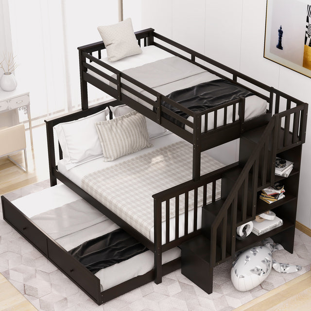 Stairway Twin-Over-Full Bunk Bed with Twin size Trundle, Storage and Guard Rail for Bedroom, Dorm, for Adults, Espresso (OLD SKU :LP000119AAP)