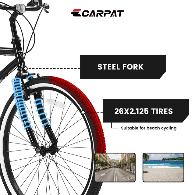 S26205 Adult Beach Cruiser Bike,7 Speed Bicycles, Multiple Colors,26" Inch Wheels,Front and Rear Fenders for Men and Women