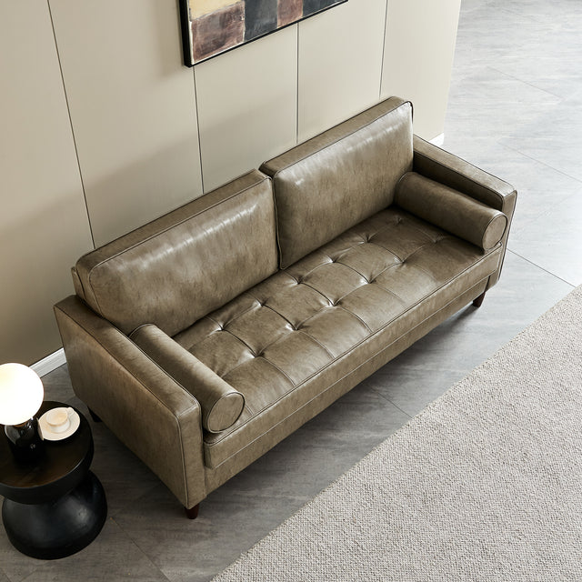 Modern Mid-Century Vegan Leather Sofa (Khaki)