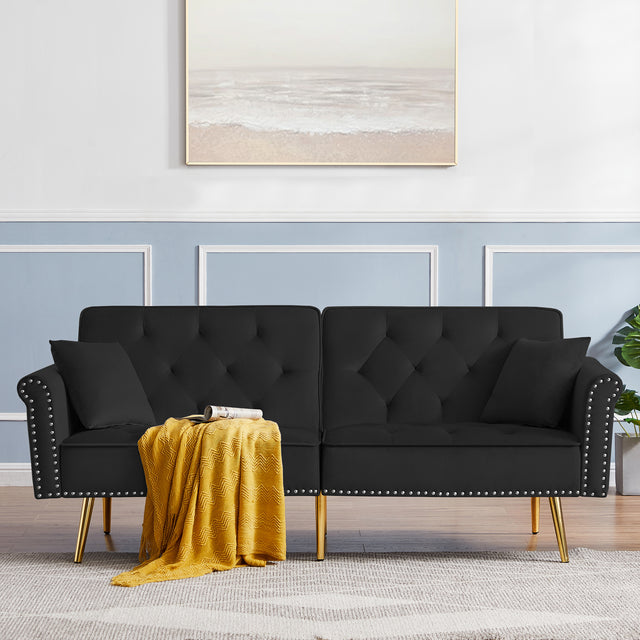 Modern Velvet Tufted Sofa Couch with 2 Pillows and Nailhead Trim, Loveseat Sofa Futon Sofa Bed with Metal Legs for Living Room.