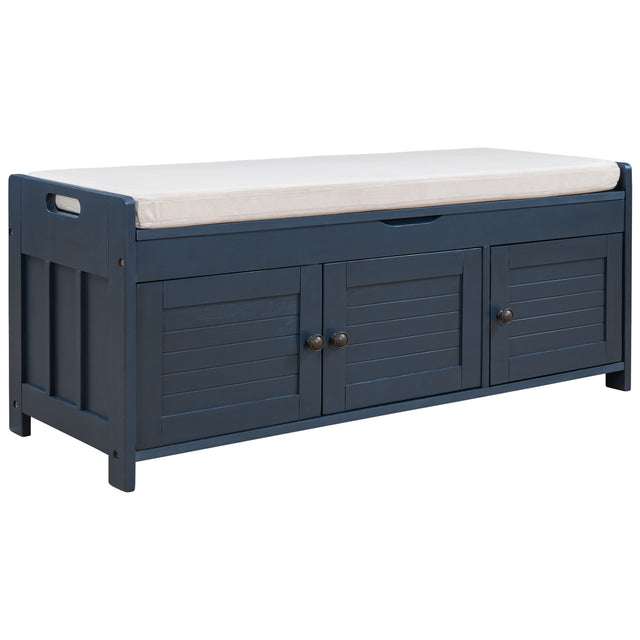 TREXM Storage Bench with 3 Shutter-shaped Doors, Shoe Bench with Removable Cushion and Hidden Storage Space (Antique Navy)