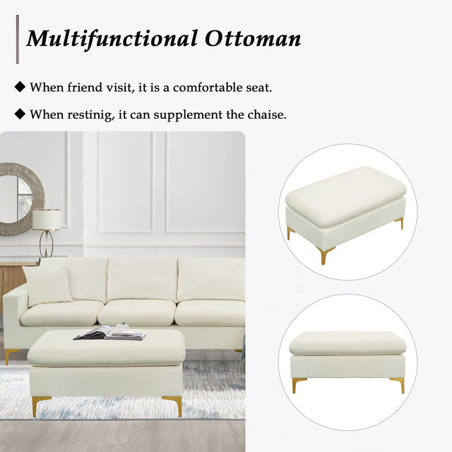 【EAT 3.10】110.6" Sectional Sofa with Ottoman, L-Shape Elegant Velvet Upholstered Couch with 2 Pillows for Living Room Apartment,Cream White