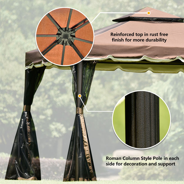 TOPMAX 9.8Ft. Wx9.8Ft.L Outdoor Iron Vented Dome Top Patio Gazebo with Netting for Backyard, Poolside and Deck, Brown