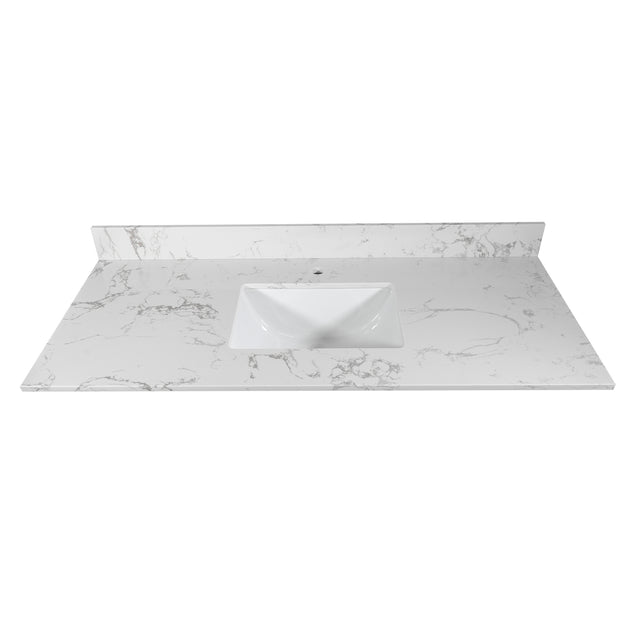 Montary 43‘’x22" bathroom stone vanity top engineered stone carrara white marble color with rectangle undermount ceramic sink and single faucet hole with back splash .