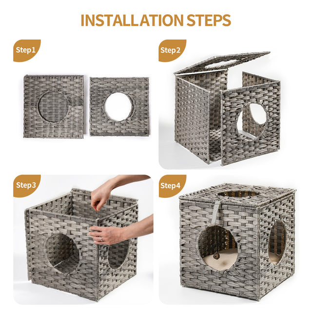 Rattan Cat Litter,Cat Bed with Rattan Ball and Cushion,Grey