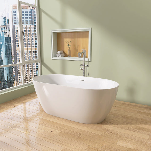 67" Acrylic Free Standing Tub - Classic Oval Shape Soaking Tub, Adjustable Freestanding Bathtub with Integrated Slotted Overflow and Chrome Pop-up Drain Anti-clogging Gloss White