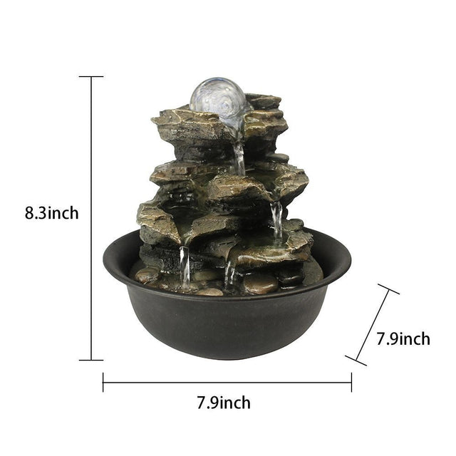 8.3inches Rock Cascading Tabletop Water Fountain with LED Lights & Crystal Ball for Home Office Bedroom Relaxation