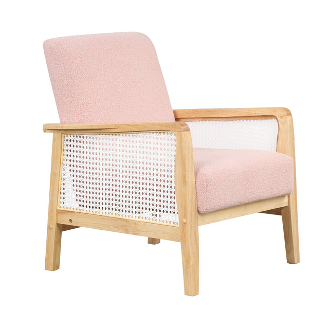 【EAT 3.10】Mid-Century Armchair Rattan Mesh Upholstered Accent Chair,Teddy Short Plush Particle Velvet Armchair for Living Room,Bedroom, Office, Studio,Pink