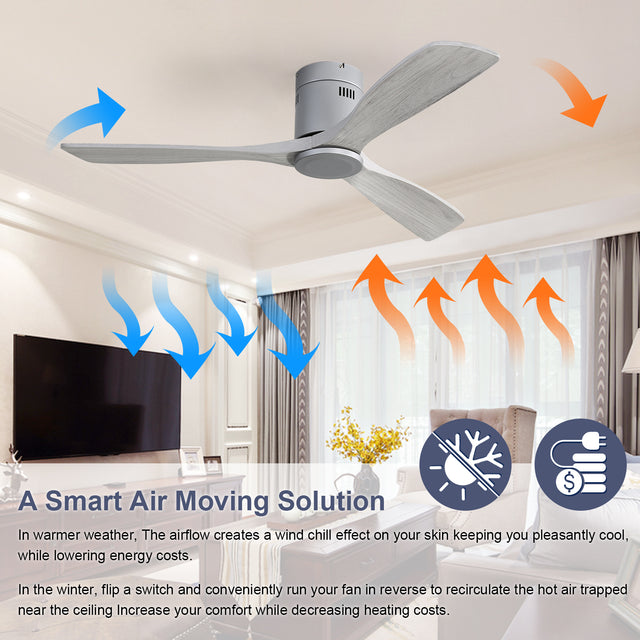 Low Profile Ceiling Fan DC 3 Carved Wood Fan Blade Noiseless Reversible Motor Remote Control Without Light