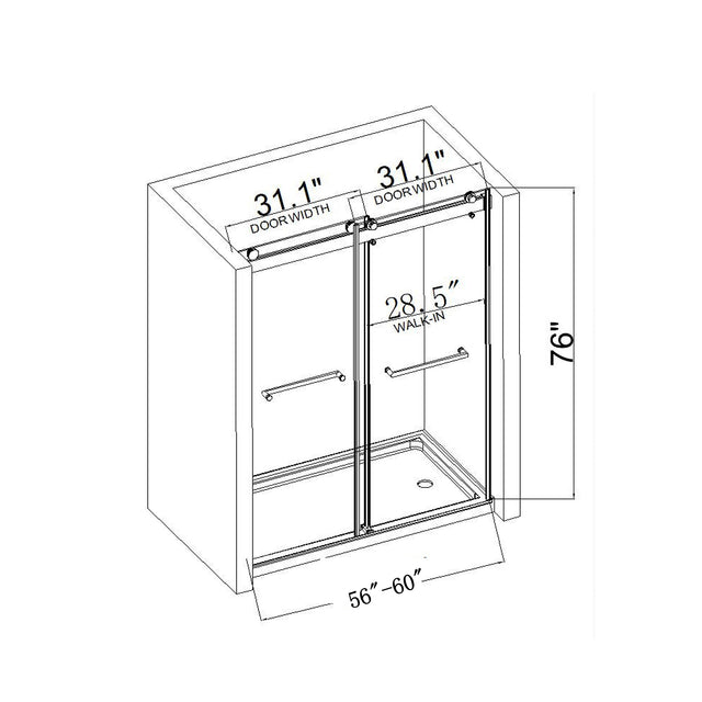 60*76" Double Sliding Frameless Shower Door Brushed Nickel With Buffer