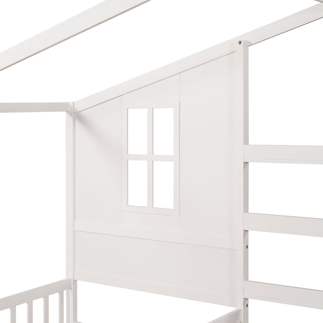 Wood House Bed Twin Size, 2 Twin Solid Bed L structure with fence and slatted frame (White)