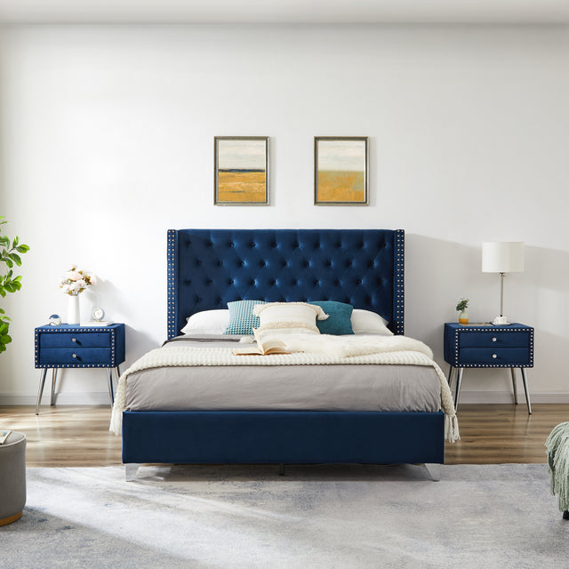 B100S Queen bed with two nightstands, Button designed Headboard,strong wooden slats + metal legs with Electroplate