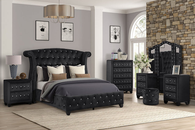 Sophia Queen 6 Pc Vanity Upholstery Bedroom Set Made with Wood in Black