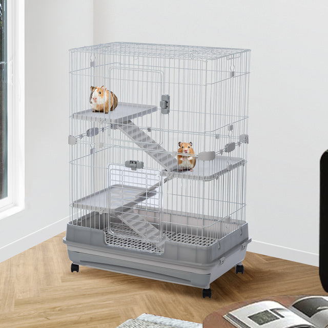 4-Tier 32"Small Animal Metal Cage Height Adjustable with Lockable Casters Grilles Pull-out Tray for Rabbit Chinchilla Ferret Bunny Guinea Pig Squirrel Hedgehog(GREY)(=OLD SKU:W69133215)