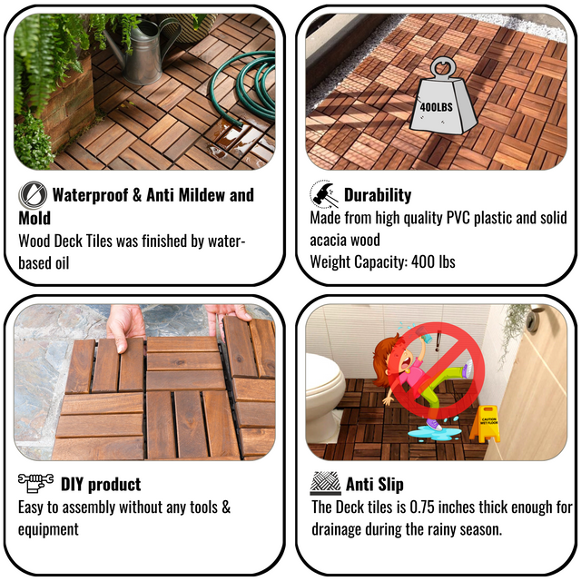 10 PCS Interlocking Deck Tiles Checker Pattern, 12" x 12" Square Acacia Hardwood Outdoor Flooring for Patio, Bancony, Pool Side,...