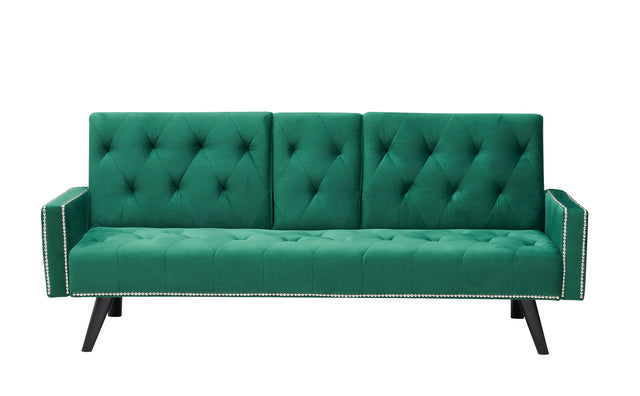 1730 Sofa Bed Armrest with Nail Head Trim with Two Cup Holders 72" Green Velvet Sofa for Small Spaces