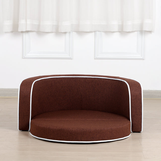 30" Brown Round Pet Sofa, Dog sofa, Dog bed, Cat Bed, Cat Sofa, with Wooden Structure and Linen Goods White Roller Lines on the Edges Curved Appearance pet Sofa with Cushion