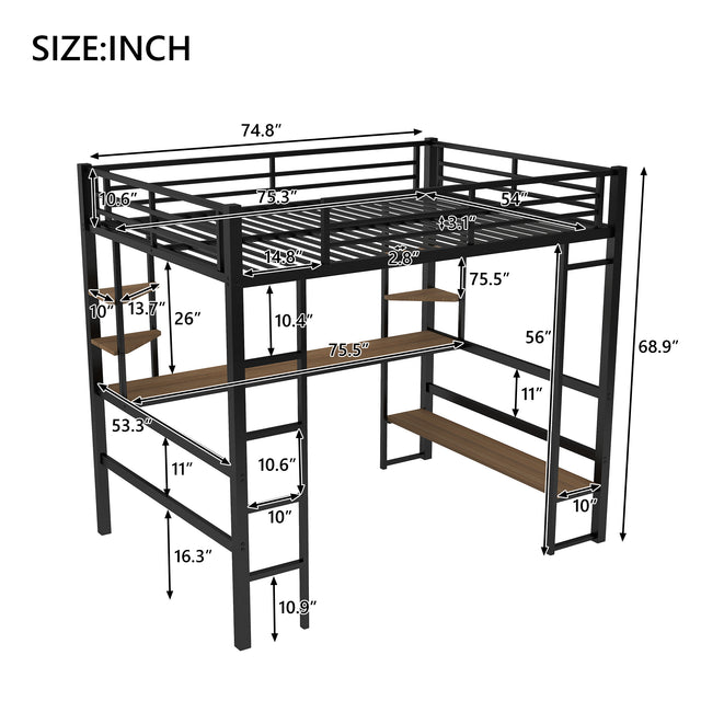 Full Size Loft Metal&MDF Bed with Long Desk and Shelves,Black(OLD SKU:SM000608AAB-1)