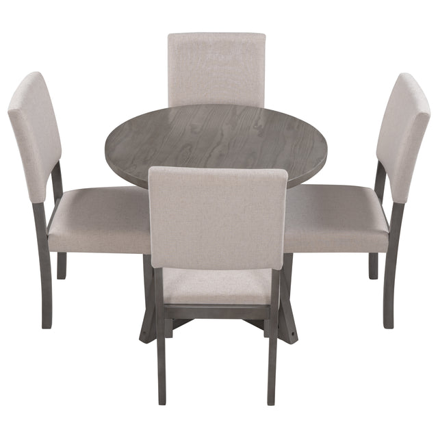 TOPMAX Mid-Century Wood 5-Piece Kitchen Dining Table Set with Round Table, 4 Upholstered Dining Chairs for Small Places, Gray Table + Beige Chair