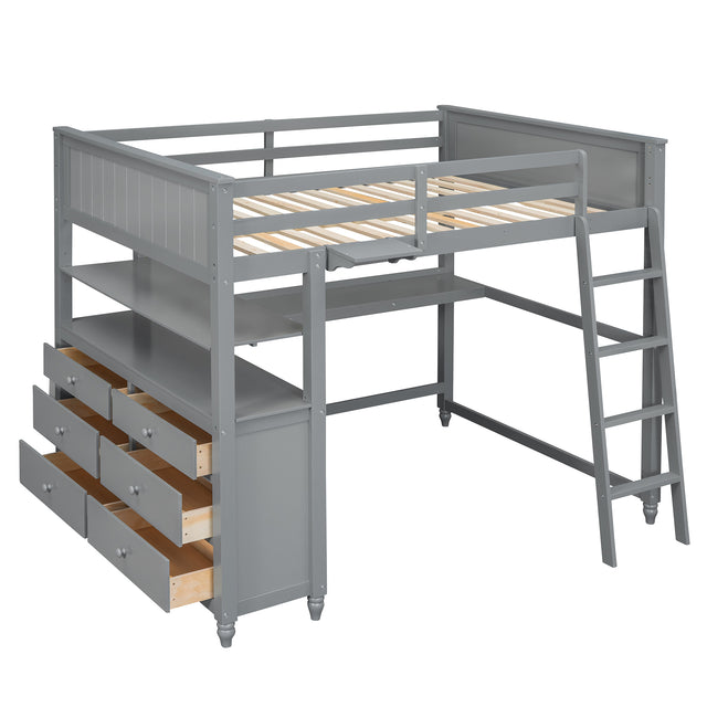 Full size Loft Bed with Drawers and Desk, Wooden Loft Bed with Shelves - Gray(OLD SKU:LT000529AAE)