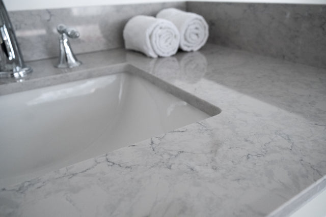 Montary carrara gray engineered stone vanity top side backsplash