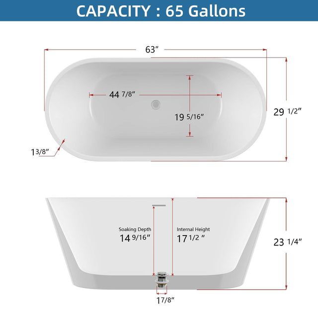 63" Acrylic Free Standing Tub - Classic Oval Shape Soaking Tub, Adjustable Freestanding Bathtub with Integrated Slotted Overflow and Chrome Pop-up Drain Anti-clogging Gloss White