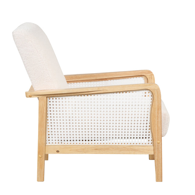 【EAT 3.10】Mid-Century Armchair Rattan Mesh Upholstered Accent Chair,Teddy Short Plush Particle Velvet Armchair for Living Room,Bedroom, Office, Studio,White