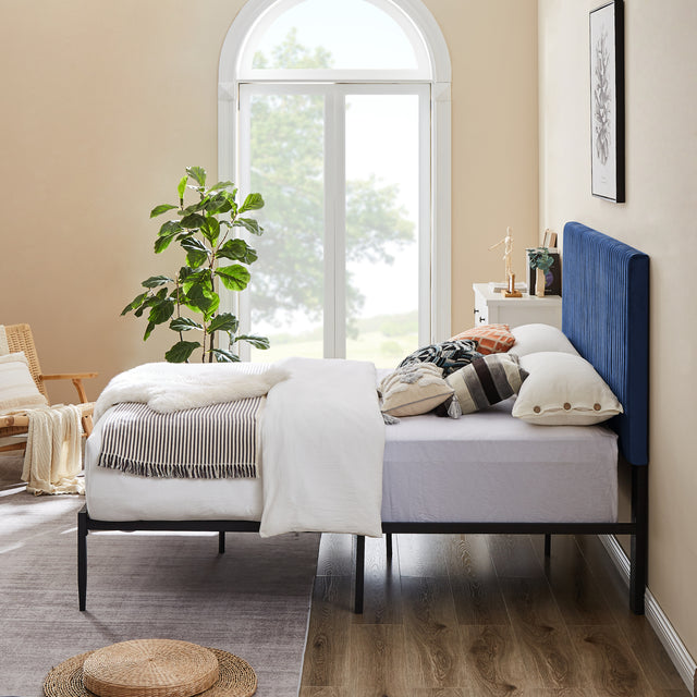 B110 Queen bed Beautiful line stripe cushion headboard Strong iron frame with high temperature paint