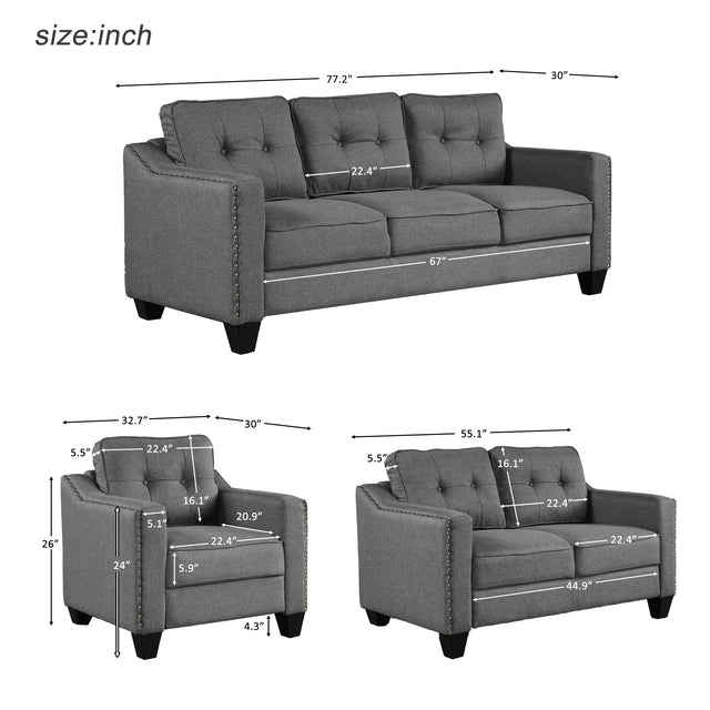 U_STYLE 3 Piece Living Room Set with tufted cushions.