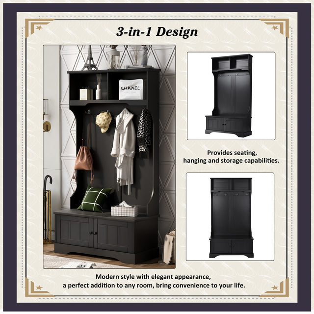 ON-TREND Hall Tree Entryway Bench with Shelves Cabinet and Four Hooks, 3-in-1 Design, Black