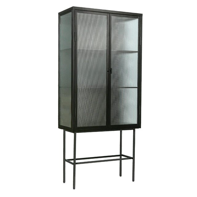 Retro Style Fluted Glass High Cabinet Storage Dual Doors Three Detachable Wide Shelves Enclosed Dust-free Storage for Living Room Bathroom Dining Room Kitchen Room Entryway,BLACK (OLD SKU:W68734128)