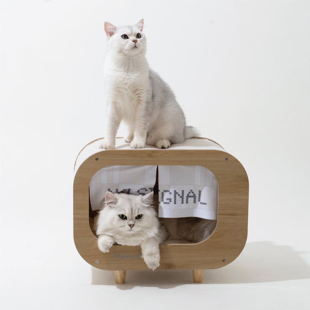 Classic Wooden TV-Shaped Cat Bed, Cat House with Cushion, White