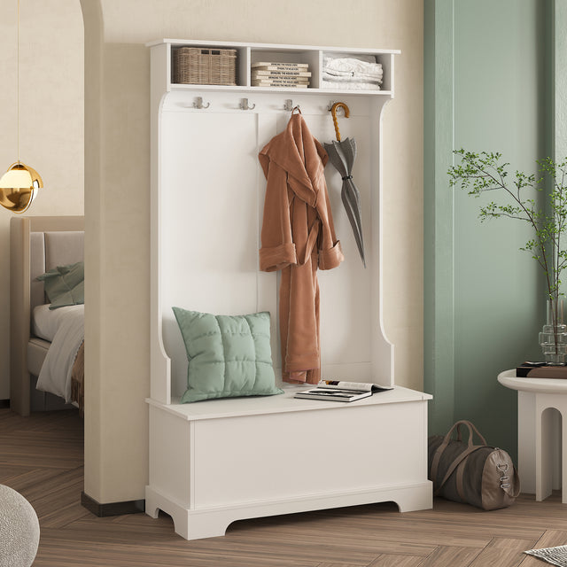 ON-TREND Hall Tree with 4 Hooks and Hinged Lid, Coat Hanger, Entryway Bench, Storage Bench, 3-in-1 Design, for Entrance, Hallway (White)