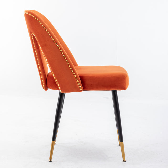 A&A Furniture,Akoya Collection Modern | Contemporary Velvet Upholstered Dining Chair with Nailheads and Gold Tipped Black Metal Legs, Orange,Set of 2