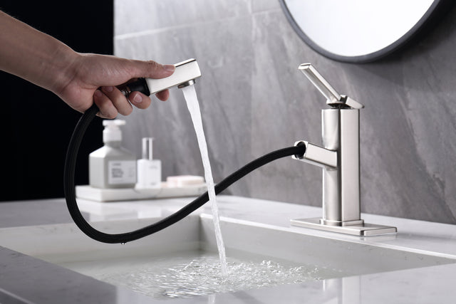 Bathroom Sink Faucet with Pull Out Sprayer, Single Handle Basin Mixer Tap for Hot and Cold Water, Lavatory Pull Down Vessel Sink Faucet with Rotating Spout