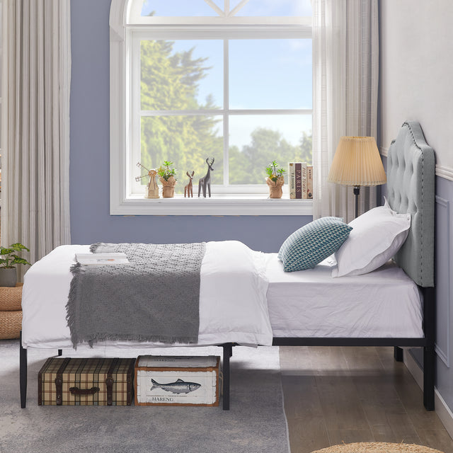 B113 Twin bed, Beautiful headboard with buttons Strong iron frame with high temperature paint