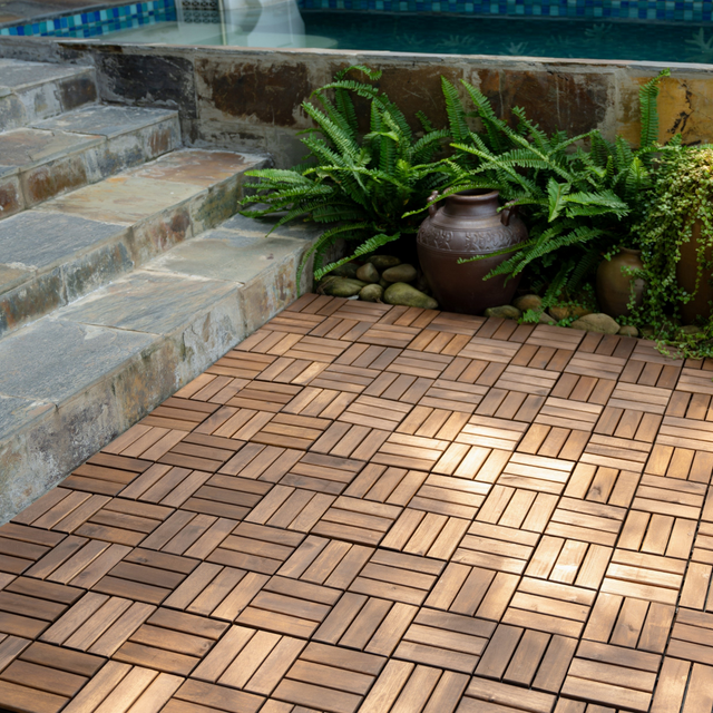 10 PCS Interlocking Deck Tiles Checker Pattern, 12" x 12" Square Acacia Hardwood Outdoor Flooring for Patio, Bancony, Pool Side,...